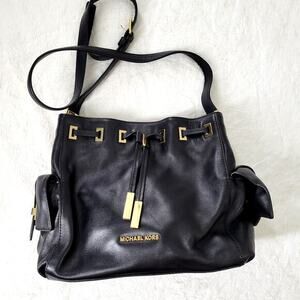 Michael Kors Black Leather Bucket‎ Style Bag Drawstring Gold Hardware